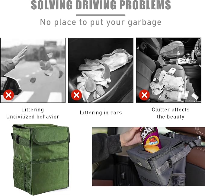 Kewucn Car Trash Can with Lid, Waterproof Mini Auto Garbage Can, Leak-Proof Vehicle Organizer and Storage Pockets, Hanging Collapsible Trash Bin, Universal Accessories for Most Cars (Army Green)