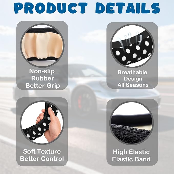 Car Steering Wheel Cover, 14.5"-15" Inch Universal Anti-Slip DurableSteering Wheel Protective Cover, Breathable Auto Interior Decoration Accessories for Sedan SUV Truck (Black White Polka Dot)