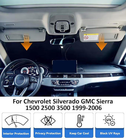 Windshield Sun Shade for 1999-2006 Chevrolet Chevy Silverado/GMC Sierra 1500 2500 3500 2500HD Accessories Car Front Window Sun Visor & Heat Shield | 240T Sunshade Protection Blocks UV Rays