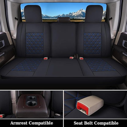 Coverado Car Seat Covers Full Set, Leather RAM 1500 Seat Covers Protectors Compatible with 2002-2026 Dodge RAM 1500 2500 3500 Crew Double Mega Quad Cab with Flat Bench, Blue