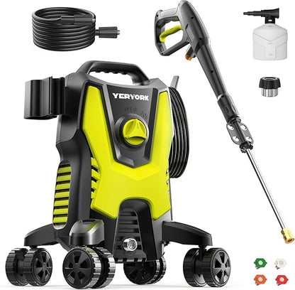 Yeryork Pressure Washer, 3000 PSI Power Washer with 4 Lockable Wheels, Stainless Steel Lance, 4 Quick Connect Nozzles, 500ml Foam Cannon for Car/Decks/Driveways/Patios (Fluorescent Green)