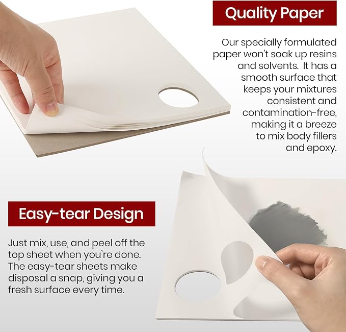 Calvana Clean Mixing Disposable Paper Kit for Body Fillers, Fiberglass, Resins, Putties, Touch-Up Paint, Includes 2 Scratch Repair Putties, Plastic Scraper, Gloves, 8.27 x 9.84 in, 80 Sheets Total
