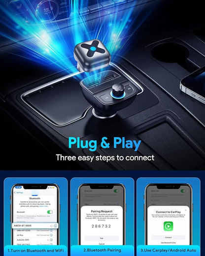 Ultra Mini Android Auto & CarPlay Wireless Adapter, Latest A9 Chip 5.8GHZ WiFi, 5.4 Bluetooth, 3-5s Auto Connect, USB-C/USB-A/Extension Cable, Compatible with iOS10+, Android 10+, CE/ROHS/FCC