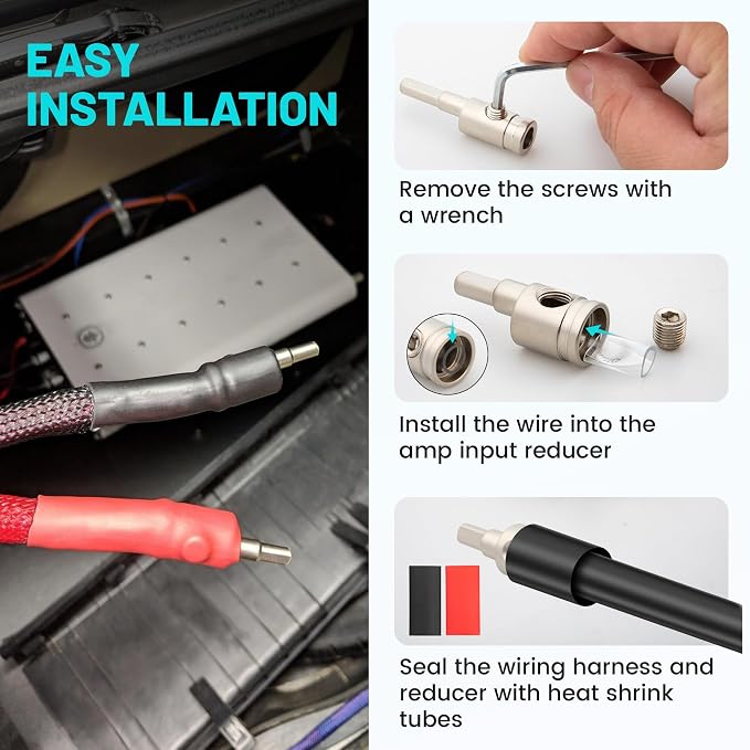 NuIth Amp Input Reducer 8 Gauge to 10 Gauge, 4PCS Car Audio Amplifier Wire Terminal Connectors Brass with Heat Shrink Tubing Allen Key for Amp Input, AWG Pin Power & Ground Connection