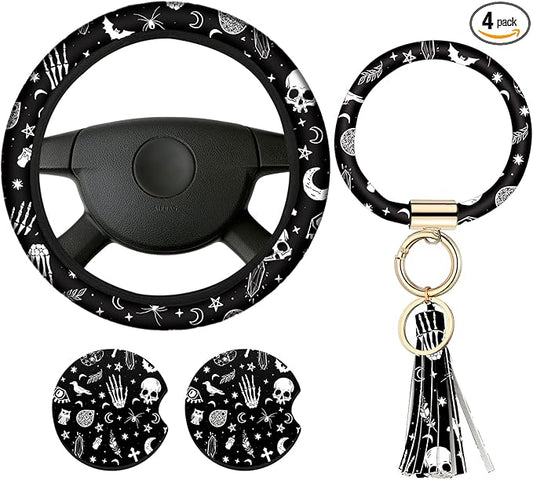 4 Pieces Black Moons White Stars Print Car Accessories Set Black Moons White Stars Steering Wheel Cover with 2 Pieces Car Cup Holder and Leather Keyring for Truck SUV(Horror Pattern)