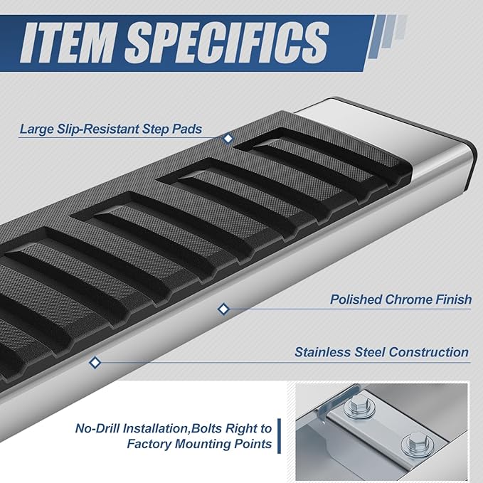 Auto Dynasty 6.75" Running Boards for Truck 2007-2019 Chevy Silverado/GMC Sierra 1500 2500HD 3500HD Crew Cab, Stainless Steel Side Steps, Chrome Nerf Bars Step Rails