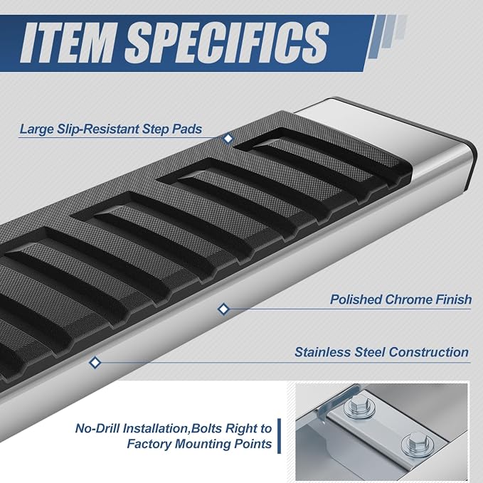 Auto Dynasty Running Boards Double Cab Compatible with 2007-2019 Chevy Silverado GMC Sierra 1500 2500HD 3500HD Extended Cab, Stainless Steel Side Steps Nerf Rails Bars, 6.7" Step Bars, Chrome Polished