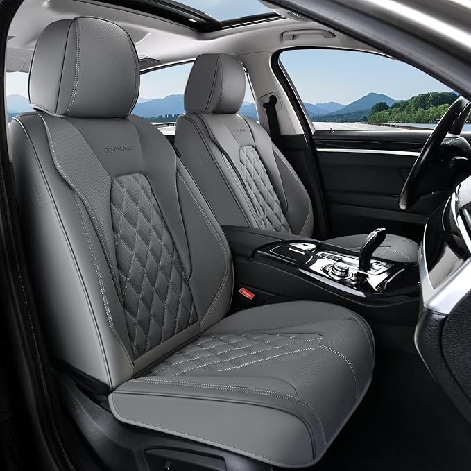 Coverado Car Seat Covers, Front Seat Cover, 2 Pack Luxury Faux Leather Seat Covers for Cars, Waterproof Car Seat Protector Car Seat Cushion, Universal Automotive Seat Covers Fit for Most Cars - Gray