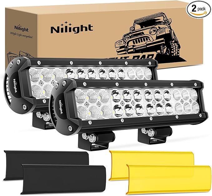 Nilight LED Light Bar with Yellow/Black Covers 2 PCS 12 Inch 72 W Spot Flood Combo Off Road Lights Super Bright Driving Fog Boat Lighting for Trucks Pickup Golf Cart SUV ATV UTV 4x4 Van Camper