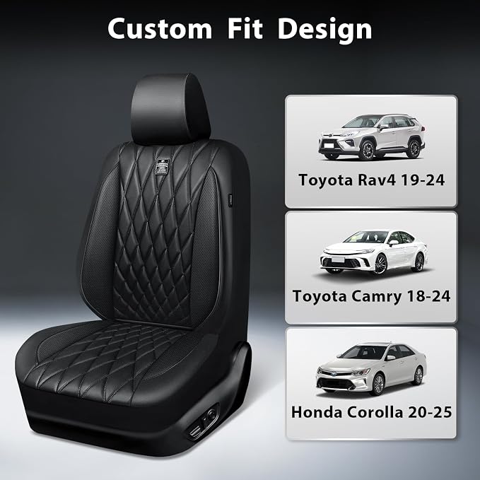 CAR PASS Nappa Leather Rav4 Front Seat Covers Custom Fit for Toyota Rav4 2019-2024, Camry 2018-2024, Corolla 2020-2025, Luxury Premium Anti-Slip Waterproof 2 Pack Seat Cover, Airbag Compatible Black