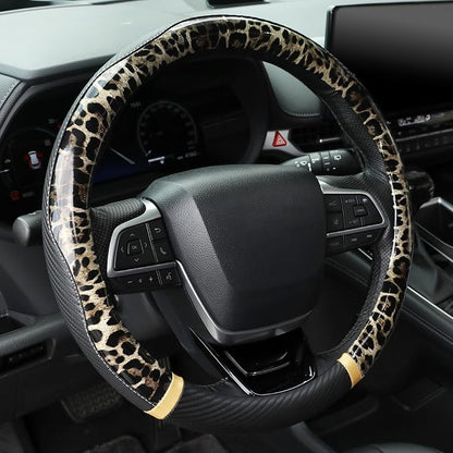 KAFEEK Khaki Leopard Steering Wheel Cover, 15 inch Carbon Fiber Texture, Classic Tan Cheetah Pattern, Non-Slip Microfiber Leather, Universal Fit for SUV Sedan