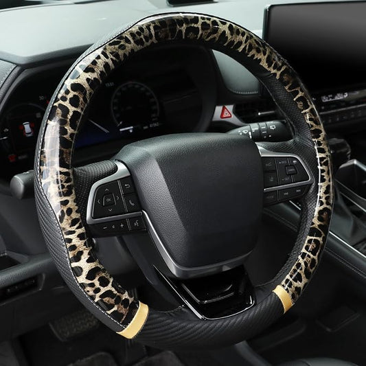 KAFEEK Khaki Leopard Steering Wheel Cover, 15 inch Carbon Fiber Texture, Classic Tan Cheetah Pattern, Non-Slip Microfiber Leather, Universal Fit for SUV Sedan