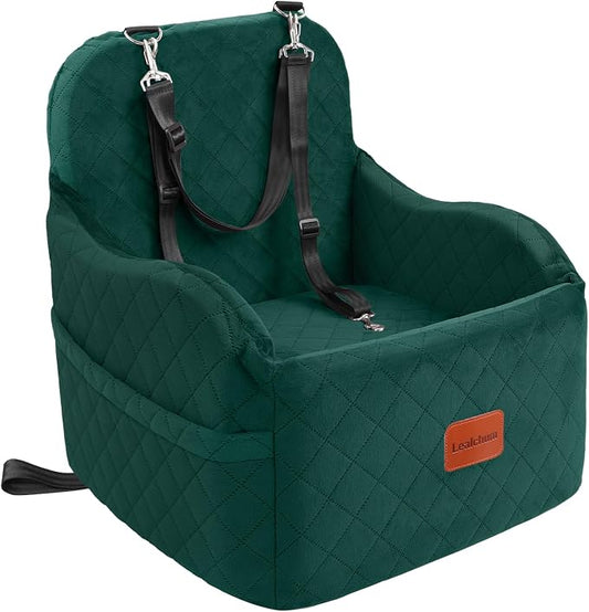 Lealchum Dog Booster Car Seat for Small/Medium Dogs,6in Elevated Cushion,Fully Detachable and Washable,2 Storage Pockets & 3 Straps,Fits in Front/Back Seat,Easy to Install (Green,Medium)