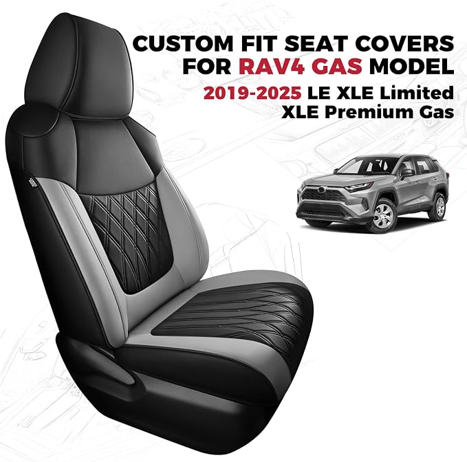 FREESOO Custom Seat Covers for Toyota RAV4 2019 2020 2021 2022 2023 2024 2025 LE XLE Limited XLE Premium Gas, RAV4 Leather Car Seat Covers Interior, RAV 4 SUV Accessories Full Set, BlackGrey