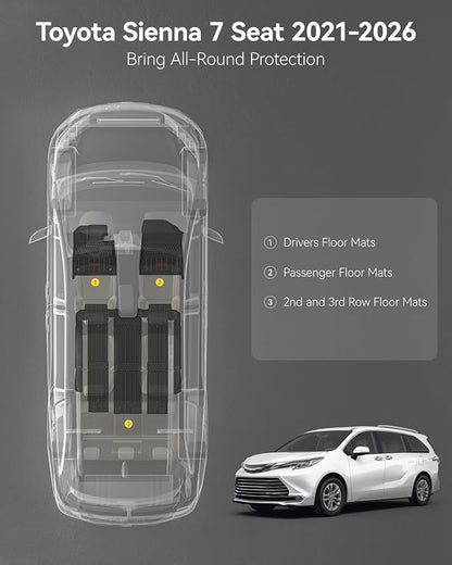 3W Floor Mats Fit Toyota Sienna 2021-2026(Only for 7 Seat), TPE All Weather Custom Fit Floor Liner for Sienna XLE/XSE/Limited/Woodland Edition 1-3rd Row with Red Accent (Not for Platinum Edition)