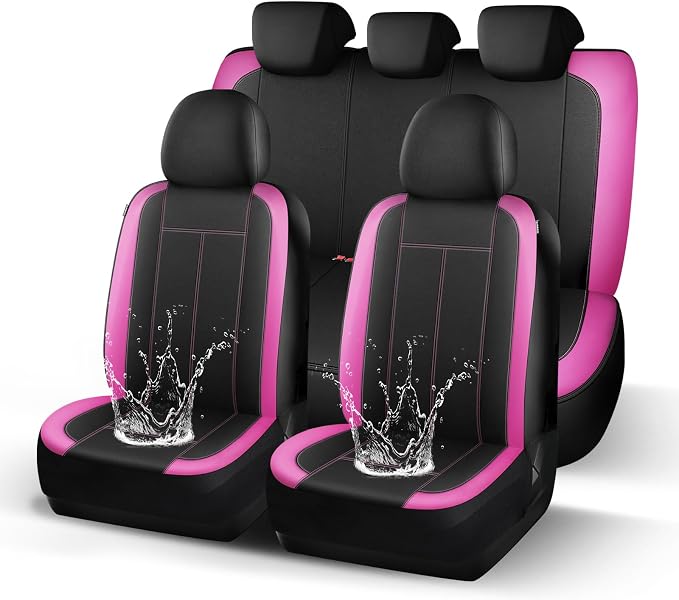 HChengkikz Car Seat Covers Full Set, Waterproof Neoprene Car seat Covers Full Set, Airbag Compatible, Universal Fit Automotive Seat Covers for Most Cars, Trucks, SUVs (Black + Pink)