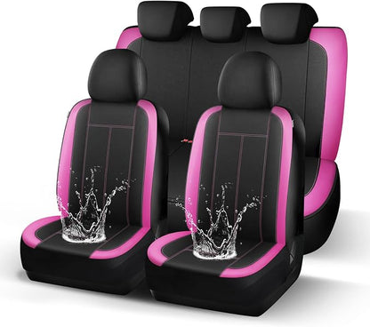 HChengkikz Car Seat Covers Full Set, Waterproof Neoprene Car seat Covers Full Set, Airbag Compatible, Universal Fit Automotive Seat Covers for Most Cars, Trucks, SUVs (Black + Pink)