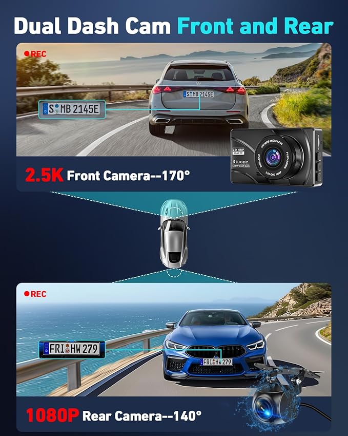 Dash Cam Front and Rear, 2.5K Dual Dash Camera for Cars W/ 64GB Card,3" IPS Screen Dash Cam Built-in 5G WIFI, Car Camera with G-Sensor, Loop Recording, Night Vision, 24H Parking Monitor,170°Wide Angle