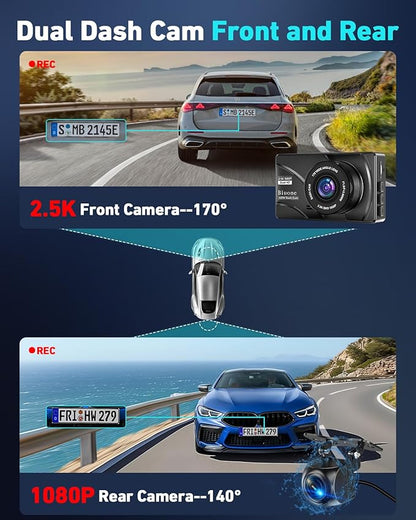Dash Cam Front and Rear, 2.5K Dual Dash Camera for Cars W/ 64GB Card,3" IPS Screen Dash Cam Built-in 5G WIFI, Car Camera with G-Sensor, Loop Recording, Night Vision, 24H Parking Monitor,170°Wide Angle