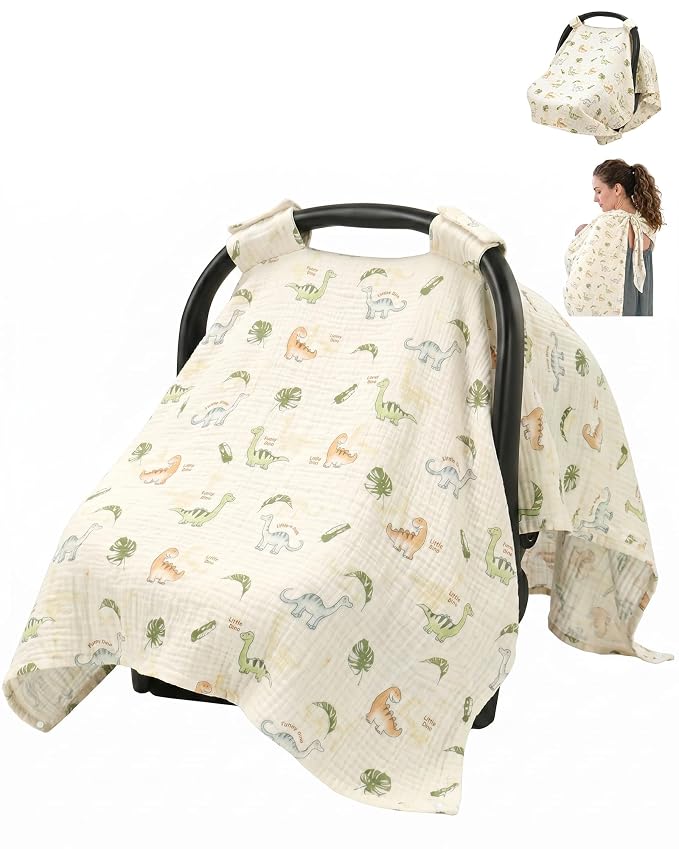 Metplus 100% Muslin Car Seat Cover Baby & Nursing Cover, Soft Breathable Infant Carseat Canopy for Summer, Stroller & Carrier Sunshade for Boys Girls (Cute Dinosaur)