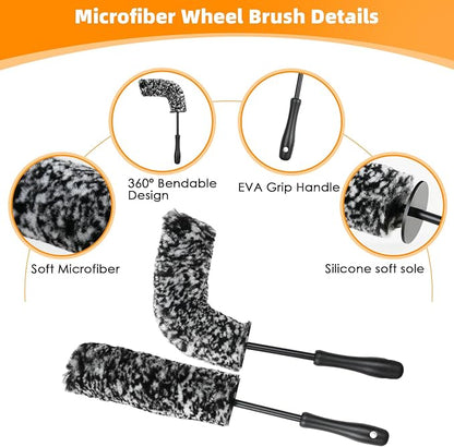 6PCS Car Rim Brushes for Cleaning Wheels, Car Detailing Cleaning Wash Brush Set, Stiff-Bristle Rim Brush with Tire Shine Applicator Pad for Cars SUV Tire RVs Trucks Wheel
