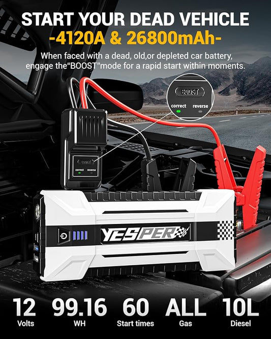 YESPER 4120A Jump Starter, 12V Car Battery Jumper Starter Portable (All Gas, up to 10.0L Diesel Engine), 26800mAh Battery Start Booster Pack, Jump Box with Carry Case, Jumper Cables, LED Light