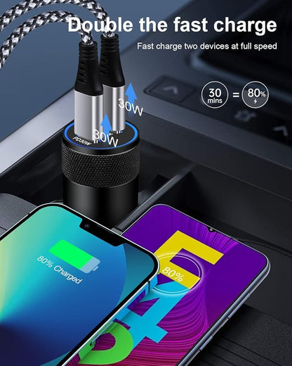 60W USB C Car Charger, Dual PD 3.0 Fast Charging Adapter Flush Fit Cigarette Lighter Plug for iPhone 17e 17 16 15 Pro Max 16e, Galaxy S26 S25 S24 Ultra S23, Google 10 9 Pro XL Type C Car Charger Block