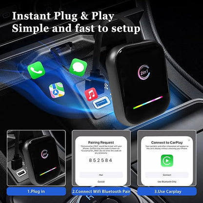 Wireless CarPlay Adapter for iPhone, 2 in 1 Carplay and Android Auto Adapter Converts Factory Wired to Wireless, USB-A/C Plug and Play Fast Response for iOS 10+/Android 11+