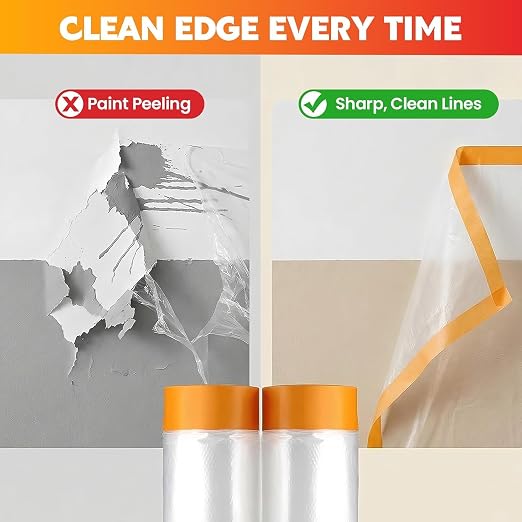 LLPT Pre-Taped Masking Film, 25.6" Unfolded x 66Ft, 0.27 Mil, 2 Pack | Static-Cling, Disposable, Solvent & Oil Resistant Bleed-Proof Low Tack No Residue for Auto Wall Furniture Painting Protection