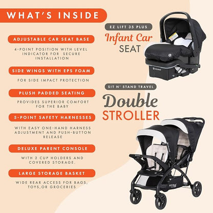 Baby Trend Sit N Stand Double Stroller & 2-Pack EZ Lift Plus Infant Car Seat, Modern Khaki - Convertible Tandem Travel System Combo for Newborn and Toddler, Foldable and Compact Design
