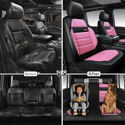 CAR PASS Memory Foam Seat Covers Full Sets, Airy Cool Mesh Thick Car Seat Covers Women, Leather Car Seat Covers 5 Seats Airbag Compatible, Universal Automotive Comfort for Cars, Trucks, SUV, Pink