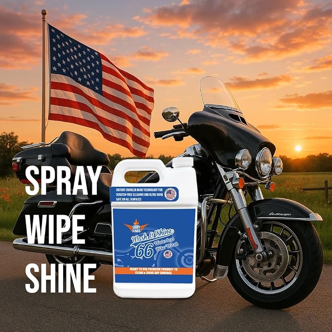 Shinykings Motorcycle Cleaner Wash&Shine 66 | WATERLESS BIke Wash with Ultra Shine Finish | Powerful Motorcycle Detailing Spray for All Surfaces | Bike Cleaner California | 1 Gallon