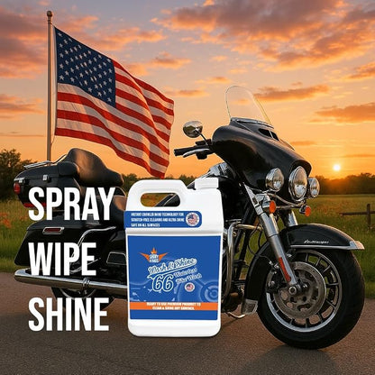 Shinykings Motorcycle Cleaner Wash&Shine 66 | WATERLESS BIke Wash with Ultra Shine Finish | Powerful Motorcycle Detailing Spray for All Surfaces | Bike Cleaner California | 1 Gallon