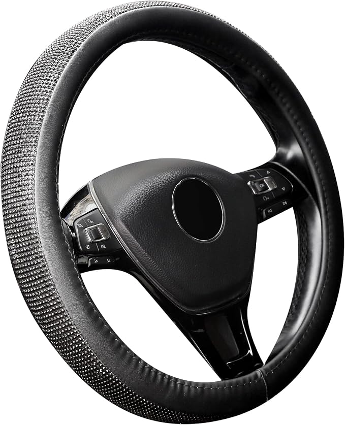 New Diamond Leather Steering Wheel Cover with Bling Bling Crystal Rhinestones, Universal Fit 15 Inch Car Wheel Protector for Women Girls Black Diamond
