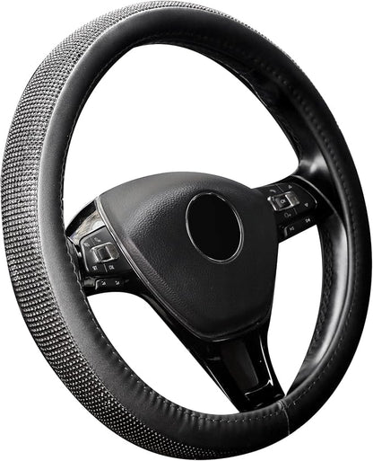 New Diamond Leather Steering Wheel Cover with Bling Bling Crystal Rhinestones, Universal Fit 15 Inch Car Wheel Protector for Women Girls Black Diamond