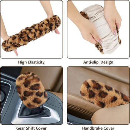 Accmor Fuzzy Car Steering Wheel Cover, Universal Fit Fur Auto Wheel Cover & Handbrake Cover & Gear Shift Cover Set, Anti-Slip Leopard Warm Fluffy Vehicle Wheel Protector Car Accessories for Men Women