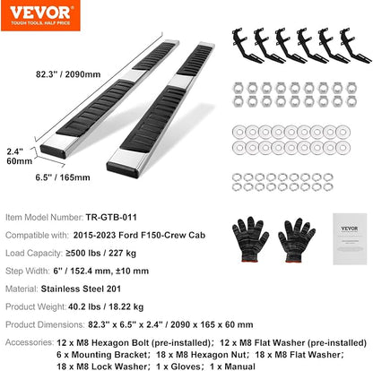 VEVOR Running Boards, 6" Step Bars Compatible with 2007-2018 Chevy Silverado/GMC Sierra 1500 Crew Cab, 2019 2500HD/3500HD/1500 LD, 201 Stainless Steel Side Steps Nerf Bars, 500LBS Capacity, 2 Piece