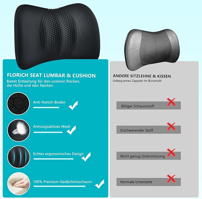 FLORICH 3 PCS Seat Cushion for Carseat Lumbar Support Pillow Car Neck Headrest Pillows Memory Foam Gel Memory Foam Massage Point Seat Pads Pressure Relief Back Cushion for Office Chair(Black)
