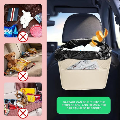 Car Seat Back Organizer, Leather Backseat Hanging Storage Bag, Multipurpose Car Hanging Trash Bag with 2 Compartments, Car Large Capacity Pouch Pocket for Kids & Adults (Beige)