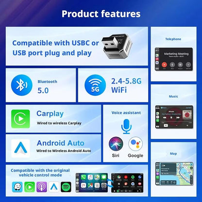 Wireless CarPlay Adapter 2-in-1 for Apple CarPlay & Android Auto CNC Aluminum Mini Design Dual Phone Switching Auto Pairing Plug & Play Stable Low Latency Universal Compatibility