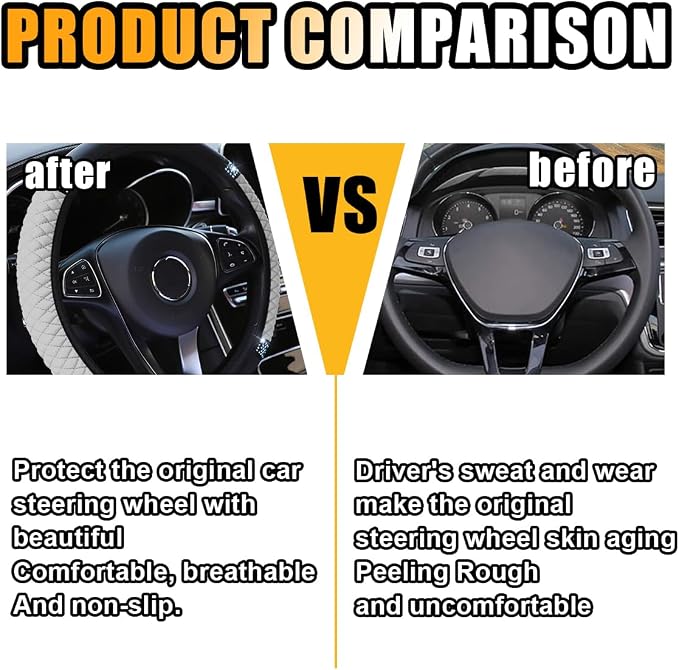 Bling Soft Leather Steering Wheel Cover, 15 Inch Colorful Rhinestones Auto Elastic Protector with Crystal Diamond for Women Girls, Car Accessories for Most Cars, SUVs (White)