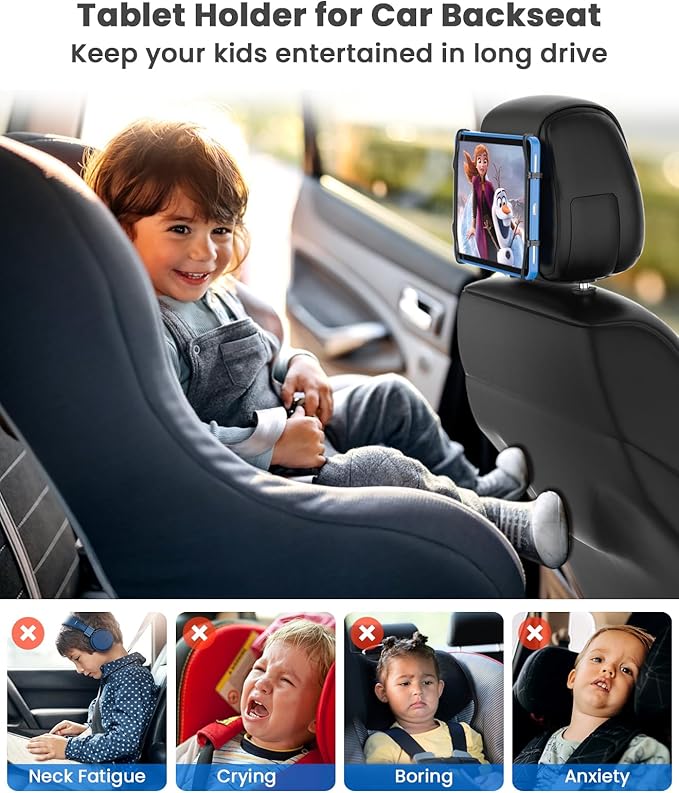 WONNIE Car Tablet Holder, Upgraded iPad Holders for Car Mount Headrest, iPad Mount Back Seat for Kids with Anti-Slip Strap, Silicone Holding Net/Fits All 7-12.9'' Tablets, 2 Pack