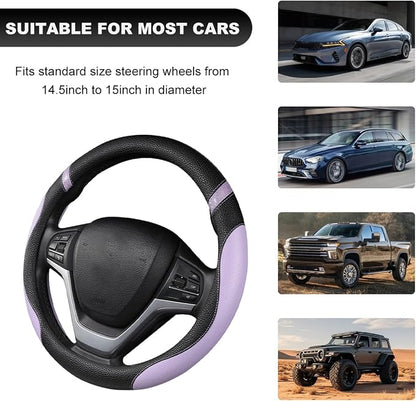 Car Steering Wheel Cover, 15 Inch Premium Leather Breathable Non-Slip Wheels Wrap, Universal Auto Comfortable Steering Wheel Protector for SUV Truck Van, Car Accessories (Purple)