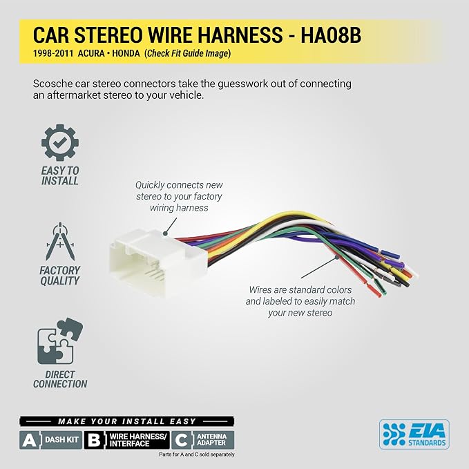 Scosche HA08B Aftermarket Radio Wiring Harness for Select 1998-11 Acura and Honda - Aftermarket Radio Wire Harness for Car Stereo - Check Vehicle List Below for Your Model
