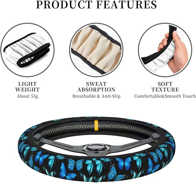 Blue Butterfly Steering Wheel Cover for Women, Universal Auto Steering Wheel 14-15 Inch Car Interior Accessories with 2PCS Car Coasters, Suitable for Men and Women
