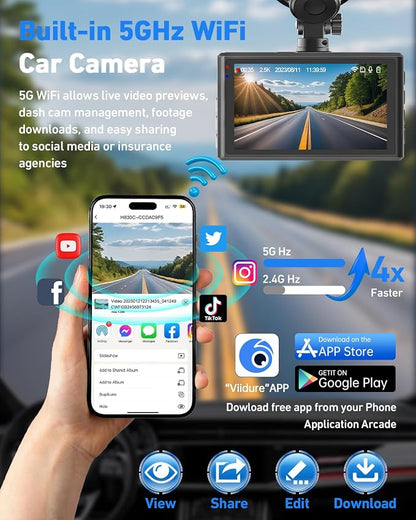 Dash Camera for Cars, 2.5K Dual Dash Cam Front and Rear W/ 64GB Card,3"IPS Screen Car Cam Built-in 5G WIFI,Car Dash Cam with G-Sensor, Loop Recording, Night Vision, 24H Parking Monitor,170°Wide Angle