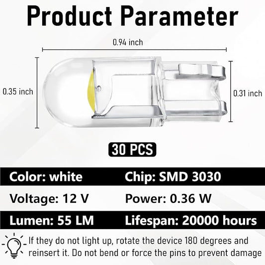 30 PCS Car 194 LED Bulbs, 168 2825 W5W T10 Wedge COB LED Replacement Bulb, 6000K License Plate Light Bulb, Error Free Interior Bulb for Dashboard Light, Dome Lights,License Plate Lights (White)