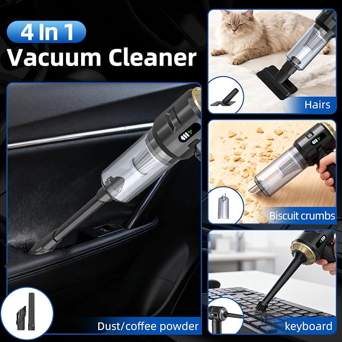 Sycoodeal Handheld Car Vacuum Cleaner, 25000PA Strong Cyclonic Suction Portable Mini Vacuum Cordless with Digital Display Lightweight Handheld for Pet Hair, Car, Home, Office, Kitchen (Gold)
