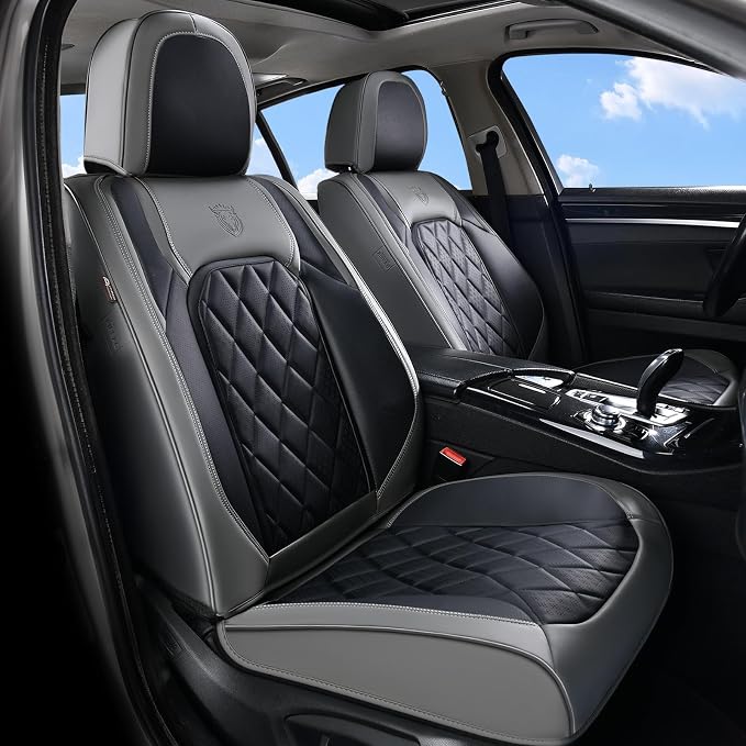 Coverado Car Seat Covers Front Seats, Waterproof Seat Covers, Faux Leather Car Seat Covers 2 Pack, Universal Car Seat Protector Front Seat Cover Fit for Most Cars Trucks SUV- Gray&Black