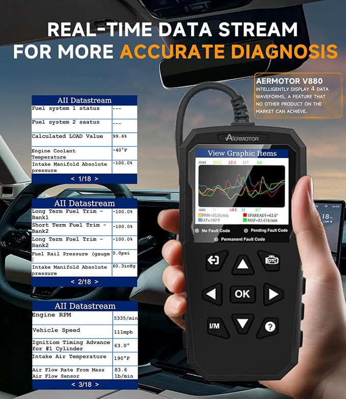 OBD2 Scanner,V880 Check Engine Light Car Code Reader with Reset,4-in-1 Graphic Live Data,I/M Smog Test, Scan Tool Diagnostic Scanner for All OBDII Vehicles After 1996,Work for DIY,Home Use,Mechanic